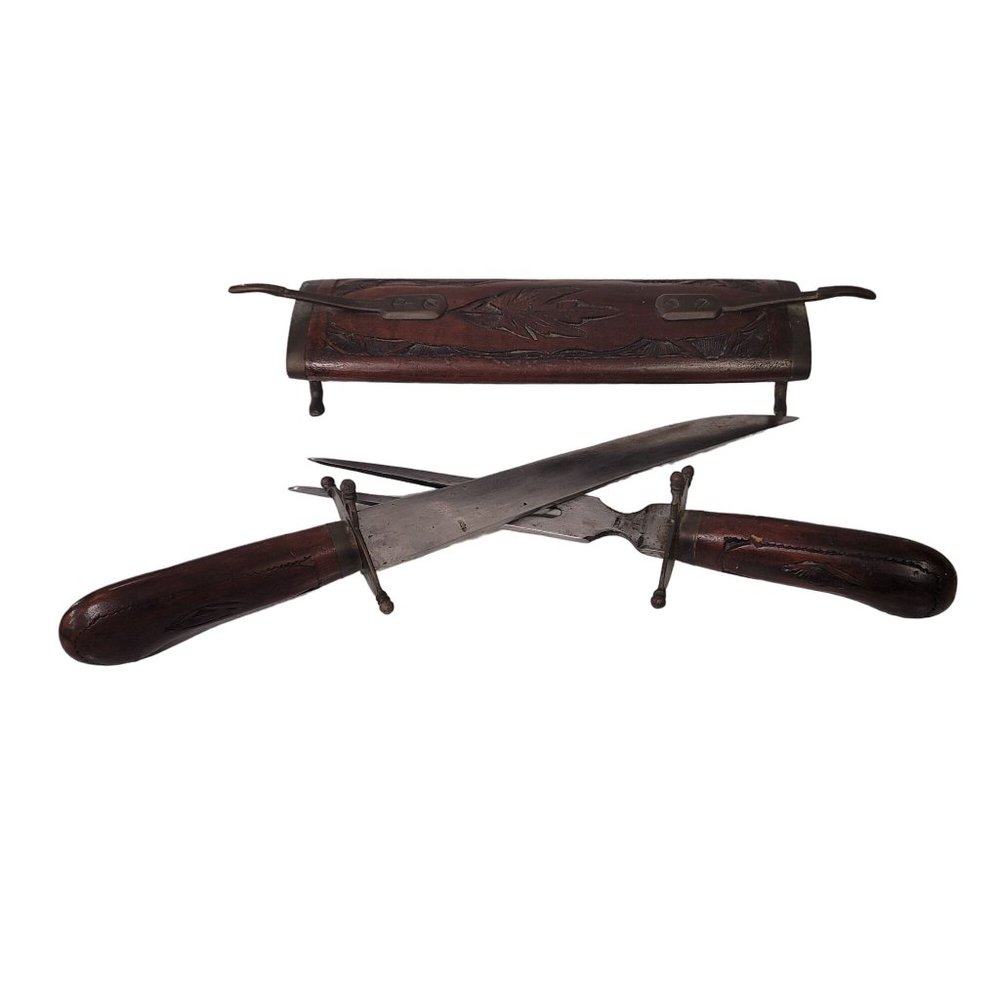 Vintage Carving Set Knife and Fork Carved Wooden Scabbard Sheath Made In India